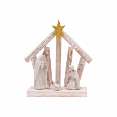 6" White Washed Polyresin Holy Family in a Creche Christmas Figurine