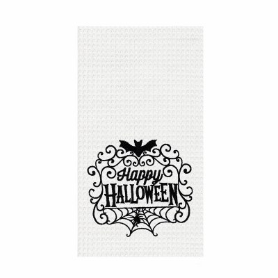 27" x 18" "Happy Halloween" Bat and a Spider Web Halloween Waffle Weave Kitchen Towel