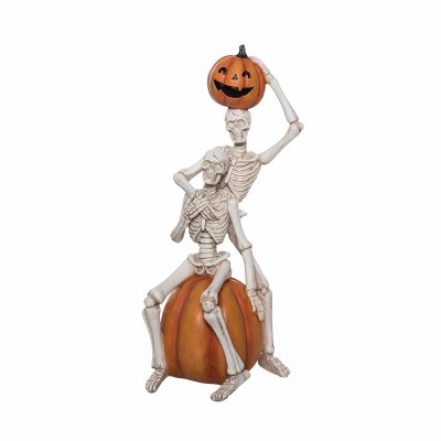 10" Polyresin Skeleton Couple Sitting on a Pumpkin Halloween Figurine