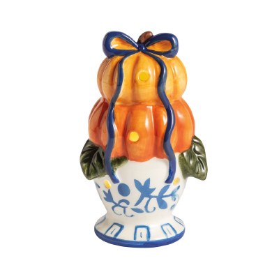 4" LED Orange Pumpkins in a Blue Bowl Decorative Ceramic Sitter by Mud Pie
