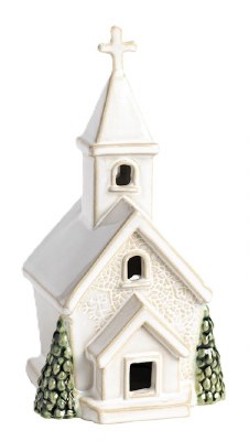 7" White Ceramic Church With Double Trees Tealight by Mud Pie
