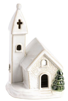 7" White Ceramic Church With a Single Tree Tealight by Mud Pie