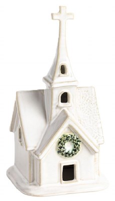 7" White Ceramic Church With a Wreath Tealight by Mud Pie