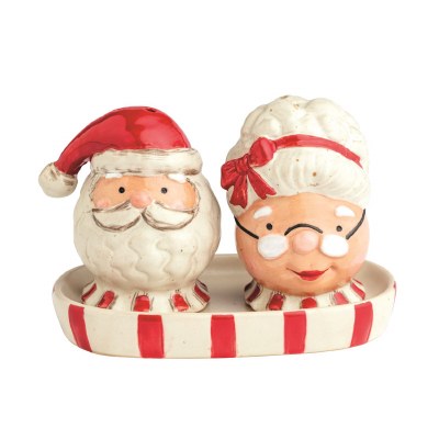 3" Mr. & Mrs. Claus Cermaic Salt and Pepper Shaker With a Tray by Mud Pie
