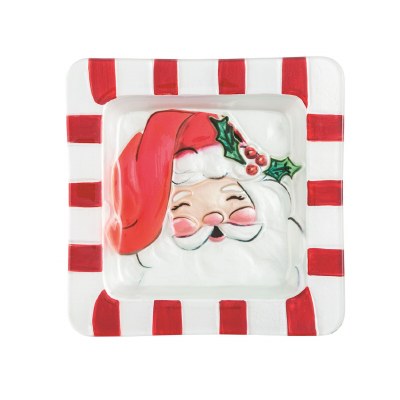 9" Sq Red Santa Claus Glass Platter by Mud Pie