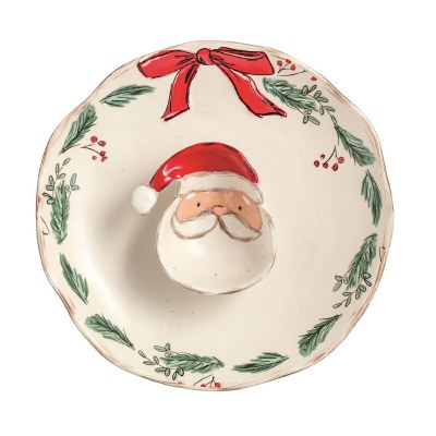 11" Round Santa Claus With Holly and a Bow Ceramic Chip and Dip Dish by Mud Pie