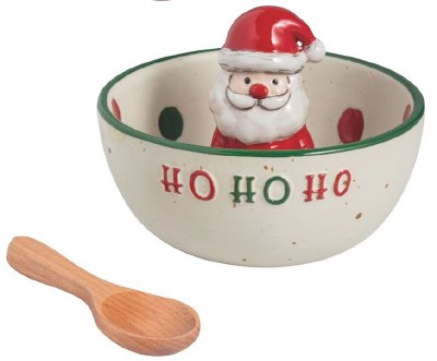 5" Round Striped Santa Claus Ceramic Dish With a Spoon by Mud Pie
