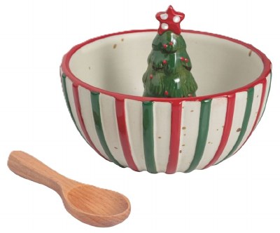 5" Round Striped Christmas Tree Ceramic Dish With a Spoon by Mud Pie