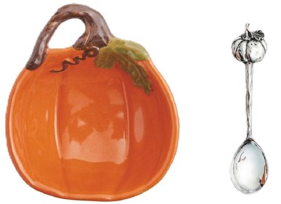 5" Dark Orange Ceramic Pumpkin Bowl With a Spoon by Mud Pie