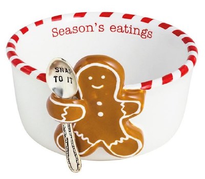 4" Round White Ceramic "Season's Eatings" Gingerbread Man Tidbit Bowl With a Spoon by Mud Pie