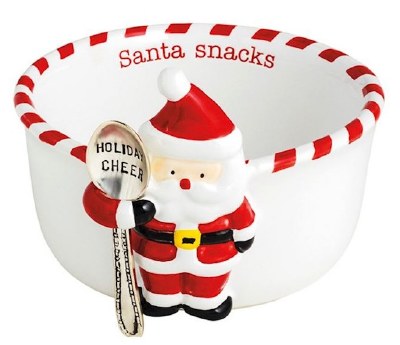 4" Round White Ceramic "Santa Snacks" Santa Tidbit Bowl With a Spoon by Mud Pie