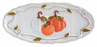 4" x 9" Oval Orange and White Triple Pumpkins Ceramic Dish by Mud Pie