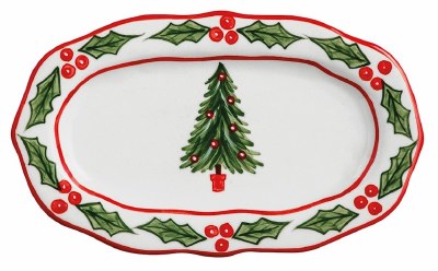 5" x 8" Oval Chirstmas Tree and Holly Ceramic Dish by Mud Pie