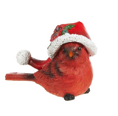3" Polyresin Cardinal With Poinsettia Hat