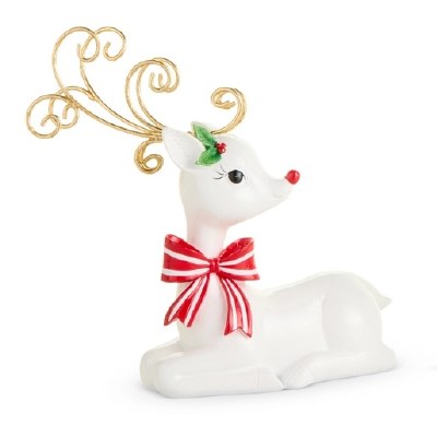 7" White Deer With Red Bow Laying Down