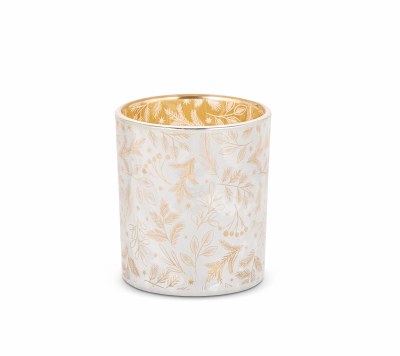 3" White and Gold Leaves Glass Votive