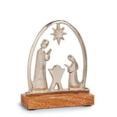 6" Silver Metal and Brown Wood Holy Family