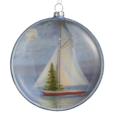5" Round Holiday Sailing Glass Disk Ornament