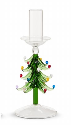 7.5" Multi Color Green Tree Glass Taper Candle Holder