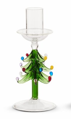 6" Multi Color Green Tree Glass Taper Candle Holder