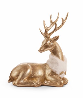 10" Gold Reindeer With a Fur Collar Laying Down Polyresin Figurine