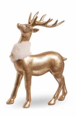 12" Gold Reindeer With a Fur Collar Standing Up Polyresin Figurine
