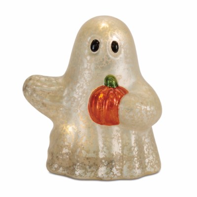 5" Ghost With the Right Arm Out Holding a Pumpkin Glass Figurine