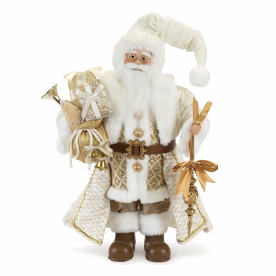 19" Ivory and Gold Fabric Santa Claus Statue