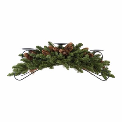 11" x 30" Faux Pine With Pine Cones Triple Pillar Candle Holder Centerpiece