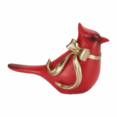 5" Red Cardinal With Its Tail Down Wearing a Gold Bow Polyresin Figurine