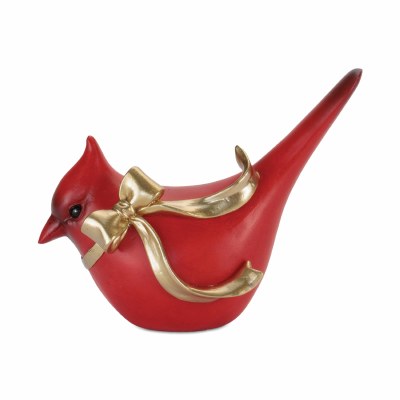5" Red Cardinal With Its Tail Up Wearing a Gold Bow Polyresin Figurine
