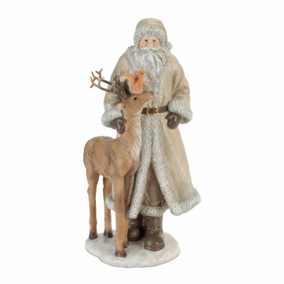 12" Beige Santa With a Reindeer Polyresin Figurine