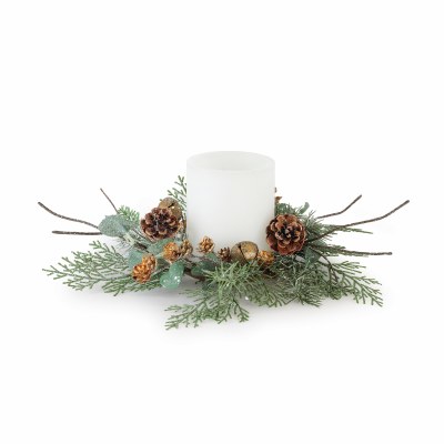 3" Opening Faux Frosted Mixed Pine With Gold Pine Cones Candle Ring