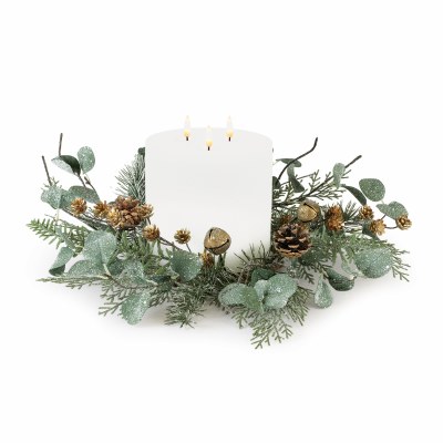 6" Opening Faux Frosted Mixed Pine With Gold Pine Cones Candle Ring