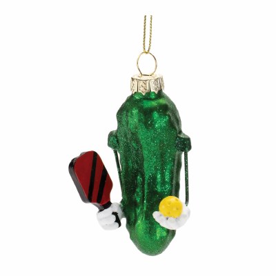 4" Green Pickle With Pickleball Gear Glass Christmas Tree Ornament