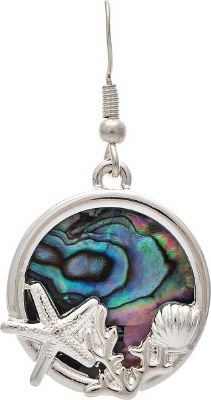Silver Toned Abalone Round Seashell Earrings