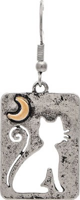 Silver and Gold Toned Cat Under the Moon Rectangle Earrings