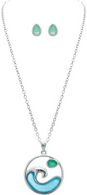 Silver Toned Blue and Green Wave Necklace and Earring Set