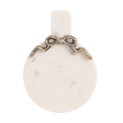 8" x 5" White Marble Serving Board With a Silver Metal Bow by Mud Pie