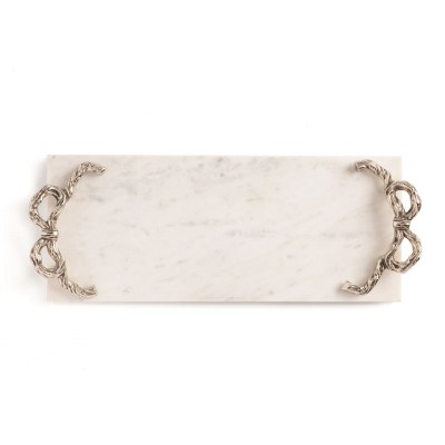7" x 17" White Marble Serving Board With a Silver Bow Handle by Mud Pie