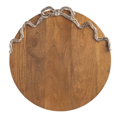 18" Round Brown Mango Wood Serving Board With a Silver Bow by Mud Pie