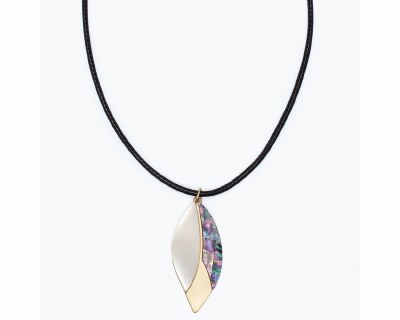 Mother of Pearl and Abolne Inlay Leaf on a Black Chord Necklace