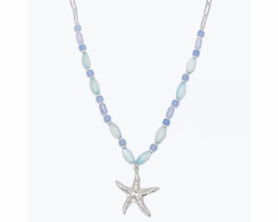 Silver Toned Starfish Blue Beads Necklace