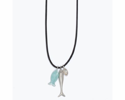 Silver Toned and Aqua Inaly Fish on a Black Chord Necklace