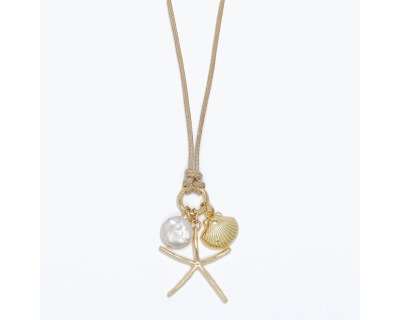 Gold Toned Starfish and a Faux Pearl on a Beige Chord Necklace