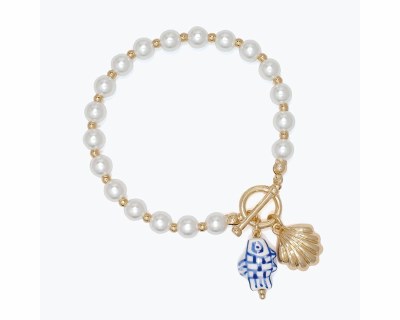 Gold Toned Faux Pearl Beads Blue Inlay Fish Bracelet