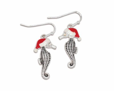 Silver Toned Seahorse Wearing a Red Santa Hat Earrings