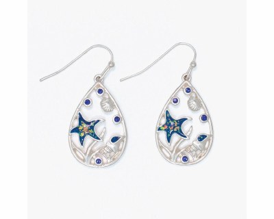 Silver Toned Dark Blue Inlay Sealife Teardrop Earrings
