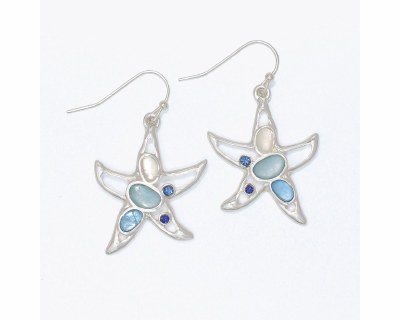 Silver Toned Blue Seaglass Starfish Earrings