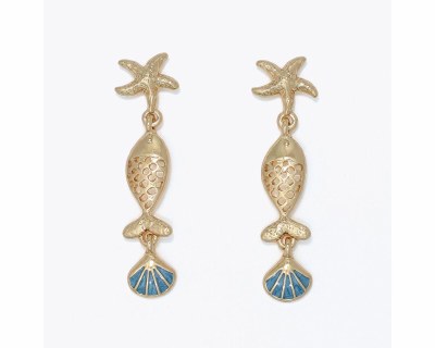 Gold Toned Blue Inlay Fish Dangle Earrings